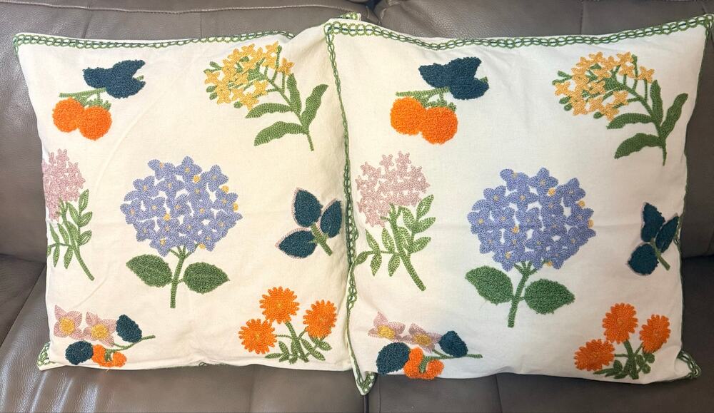 Two colorful flowers embroidered cushion pillows, inserts w/ insert protectors